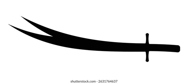 Icono de Vector de espada Zulfiqar. Símbolo histórico y religioso islámico conocido por su hoja de punta dividida. Utilizado en emblemas, banderas o diseño de fantasía. Silueta negra aislada sobre fondo blanco.