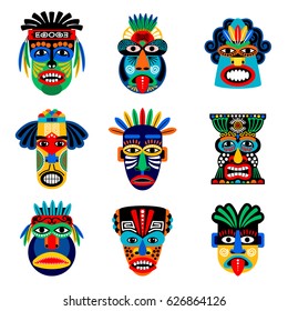 Zulu or aztec mask vector icons. Mexican indian inca warrior masks isolated on white background
