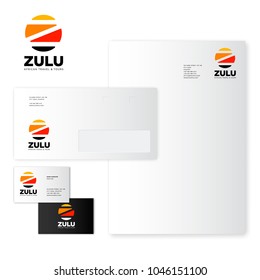 Zulu Logo.  African Travel & Tours Emblem. Identity, Business Card, Letter, Envelope.