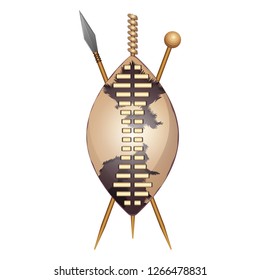Zulu shield, ethnic african weapon, club and spear