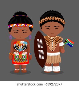 Zulu tribe. Zulus in national clothes with a flag. Man and woman in traditional costume. Travel to Republic of South Africa. People. Vector flat illustration.
