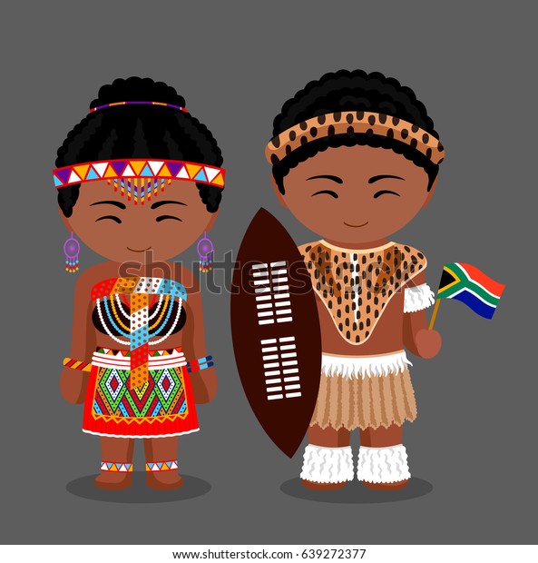 Zulu tribe. Zulus in national\
clothes with a flag. Man and woman in traditional costume. Travel\
to Republic of South Africa. People. Vector flat\
illustration.