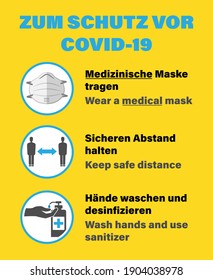 ZUM SCHUTZ VOR COVID-19, German for COVID-19 precautions, sign in German and English language with mask wearing, distance and hand sanitizer icons, vector illustration