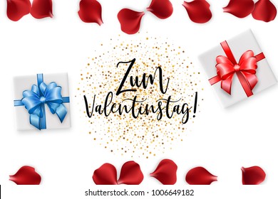 Zum Valentinstag Happy Valentines Day greeting card. Ribbon gift holiday Valentine vector poster. Random falling petals. Red rose petal isolated white isolated background. Wedding illustration.