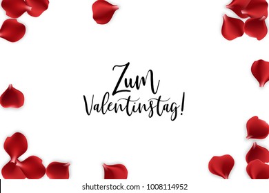 Zum Valentinstag - Happy Valentines Day. Red rose petal isolated white background. Vector wedding illustration. Greeting card frame. Valentine floral poster. Random falling petals.