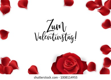 Zum Valentinstag - Happy Valentines Day. Red rose petal isolated white background. Vector wedding illustration. Greeting card frame. Valentine floral poster. Random falling petals.