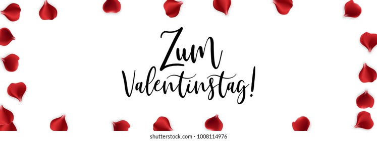 Zum Valentinstag - Happy Valentines Day. Red rose petal isolated white background. Vector wedding illustration. Greeting card frame. Valentine floral poster. Random falling petals.