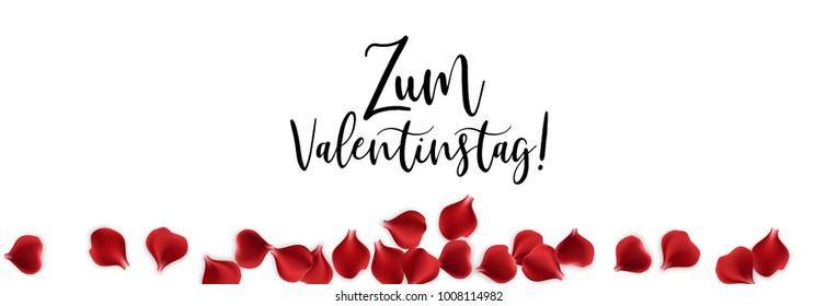 Zum Valentinstag - Happy Valentines Day. Red rose petal isolated white background. Vector wedding illustration. Greeting card frame. Valentine floral poster. Random falling petals.