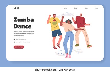 Zumba Dance concept. Energetic group enjoys a lively Zumba class with music notes, promoting fitness and fun. Fitness engagement, joyful movement, rhythm exercise. Vector illustration.