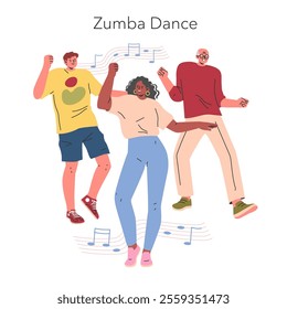 Zumba Dance concept. Energetic group enjoying rhythmic dance moves to music notes. Fitness class activity, fun workout session. Vector illustration.