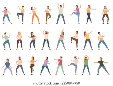 Los iconos de Zumba establecen el vector de caricatura. Bailarina femenina. Aptitud de la mujer