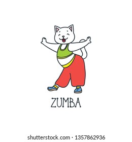 Zumba. Illustration of a cute cat dancing zumba isolated on white background. Vector 8 EPS.