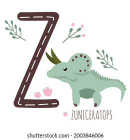 Zuniceratops.Letter Z with reptile name.Hand drawn cute dinosaur.Educational prehistoric illustration.Dino alphabet.Sketch Jurassic herbivorous animal with horns.Childish comic font.Enjoy learning