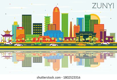 Zunyi China City Skyline with Color Buildings, Blue Sky and Reflections. Vector Illustration. Business Travel and Tourism Concept with Modern Architecture. Zunyi Cityscape with Landmarks.