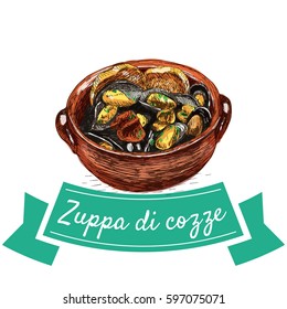 Zuppa di cozze colorful illustration. Vector illustration of Italian cuisine.