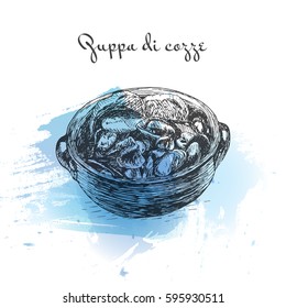 Zuppa di cozze watercolor effect illustration. Vector illustration of Italian cuisine.