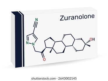 Zuranolone molecule. Neuroactive steroid used in the treatment of postpartum depression. Skeletal chemical formula. Paper packaging for drugs. Vector illustration