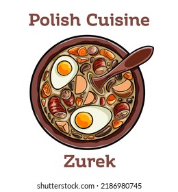 Zurek. Sopa tradicional de polaco, hecha de harina de centeno con salchicha ahumada y huevos servidos en tazón de pan.