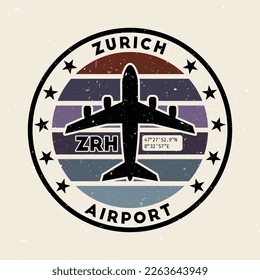 La insignia del aeropuerto de Zúrich. Banda redonda con rayas vintage, forma de avión, código IATA del aeropuerto y coordenadas GPS. Ilustración vectorial con clase.