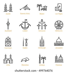 Zurich, Buenos Aires, Miami, Las Vegas, Auckland, Lisbon, Vancouver, Melbourne, Copenhagen, Dublin, Edinburgh, Jerusalem, Lima, Shenzhen, Antalya, Florence outline icon, logo, landmark, vector symbol.