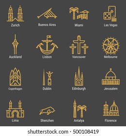 Zurich, Buenos Aires, Miami, Las Vegas, Auckland, Lisbon, Vancouver, Melbourne, Copenhagen, Dublin, Edinburgh, Jerusalem, Lima, Shenzhen, Antalya, Florence outline icon, logo, landmark, vector symbol.