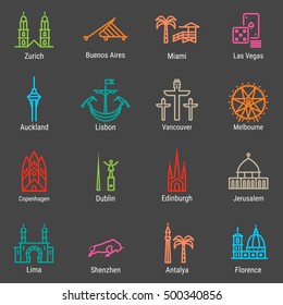 Zurich, Buenos Aires, Miami, Las Vegas, Auckland, Lisbon, Vancouver, Melbourne, Copenhagen, Dublin, Edinburgh, Jerusalem, Lima, Shenzhen, Antalya, Florence outline icon, logo, landmark, vector symbol.