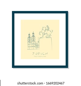 Zurich, Cathedral or grossmunster and statue, vector illustration and typography design, Switzerland