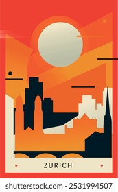 Zurich city brutalism poster with abstract skyline, cityscape retro vector illustration. Switzerland travel guide cover, brochure, flyer, leaflet, business presentation template image