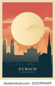 Zurich city brutalism poster with abstract skyline, cityscape retro vector illustration. Switzerland travel guide cover, brochure, flyer, leaflet, business presentation template image