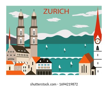 Zurich city Europe. Travel poster. Vector illustration