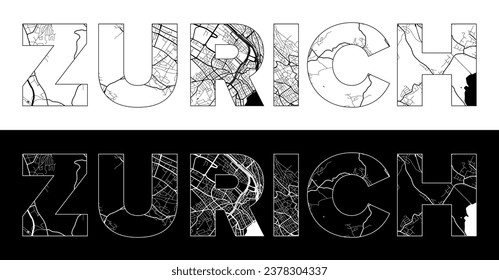 Zurich City Name (Switzerland, Europe) with black white city map illustration vector