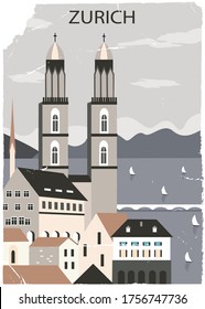 Zurich city in old style. Vector illustration