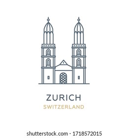 Zurich City, Switzerland. Line Icon Of The Famous And Largest City In Europe. Outline Icon For Web, Mobile, And Infographics. Landmark And Famous Building. Vector Illustration, White Isolated. 