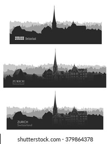 Zurich city, Switzerland. Skyline silhouette set. Vector cityscape. Travel famous european cities set