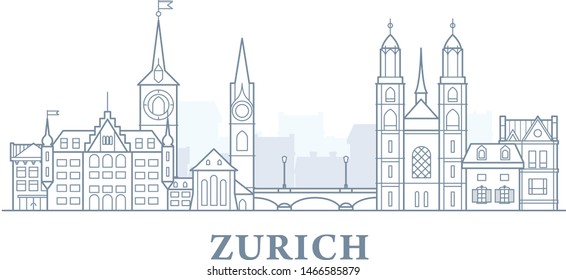 Zurich cityscape, Switzerland - old town view, city panorama with landmarks of Zurich, line style