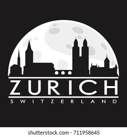 Zurich Full Moon Night Skyline Silhouette Design City Vector Art Illustration Background.