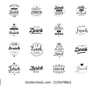 Zurich. Greeting cards, vector design. Isolated logos. Typography set.