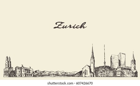 Zurich landscape, Switzerland, hand drawn vector illustration, sketch
