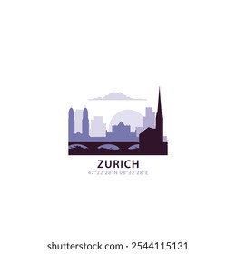 Zurich logo with skyline, cityscape retro vector icon. Switzerland city horizon, facade, travel logotype