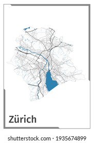 Afiche del mapa de Zurich, vista del plan de área administrativa. Mapa detallado de diseño negro, blanco y azul de la ciudad de Zúrich con ríos y calles. Silueta de contorno del paisaje urbano metropolitano.