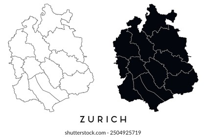 Zurich map of regions districts vector black on white and outline