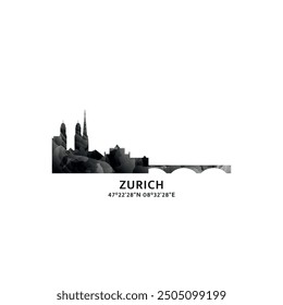 Zurich panorama, vector badge, skyline logo and icon. Switzerland city horizon logotype with landmarks and building silhouettes. Isolated foggy abstract gradient graphic