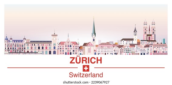 Skyline de Zúrich en póster vectorial de paleta de colores brillantes