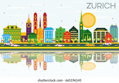 Zurich Skyline with Color Buildings, Blue Sky and Reflections. Vector Illustration. Business Travel and Tourism Concept with Zurich Historic Buildings. Image for Presentation Banner Placard and Web.