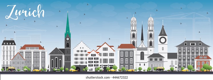 Zurich Skyline with Gray Buildings and Blue Sky. Vector Illustration. Business Travel and Tourism Concept with Zurich Historic Buildings. Image for Presentation Banner Placard and Web.