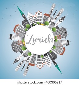 Zurich Skyline with Gray Buildings, Blue Sky and Copy Space. Vector Illustration. Business Travel and Tourism Concept with Zurich Historic Buildings. Image for Presentation Banner Placard and Web.