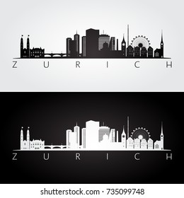 Zurich skyline and landmarks silhouette, black and white design, vector illustration.