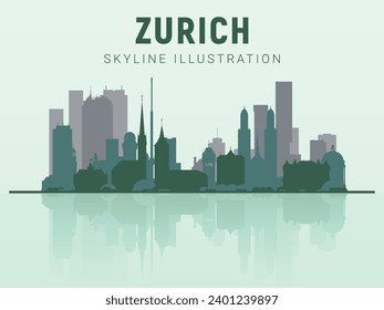 Zurich skyline. Zurich 
skyline and landmarks silhouette, light green tone gradient design, vector illustration. Zurich skyline horizontal banner.skyline in flat style. Vector template for your design