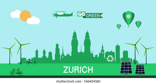 Zurich skyline silhouette flat design vector, green city concept