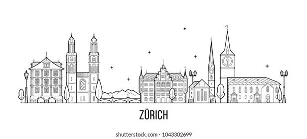 Zurich skyline, Switzerland. This illustration represents the city with its most notable buildings. Vector is fully editable, every object is holistic and movable